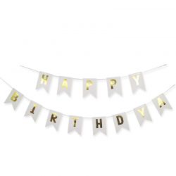 Σημαίες Happy Birthday άσπρες χρυσά γράμματα