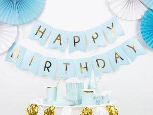 Σημαίες Happy Birthday γαλάζιες χρυσά γράμματα