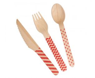 Σετ ξύλινα μαχαιροπίρουνα ρίγες πουά κόκκινες